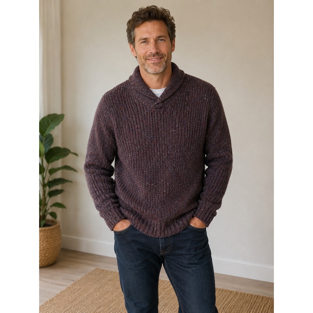 Prana Shawl Collar Sweater Mens XL Brownish Purple Flecked Ribbed Knit Pullover